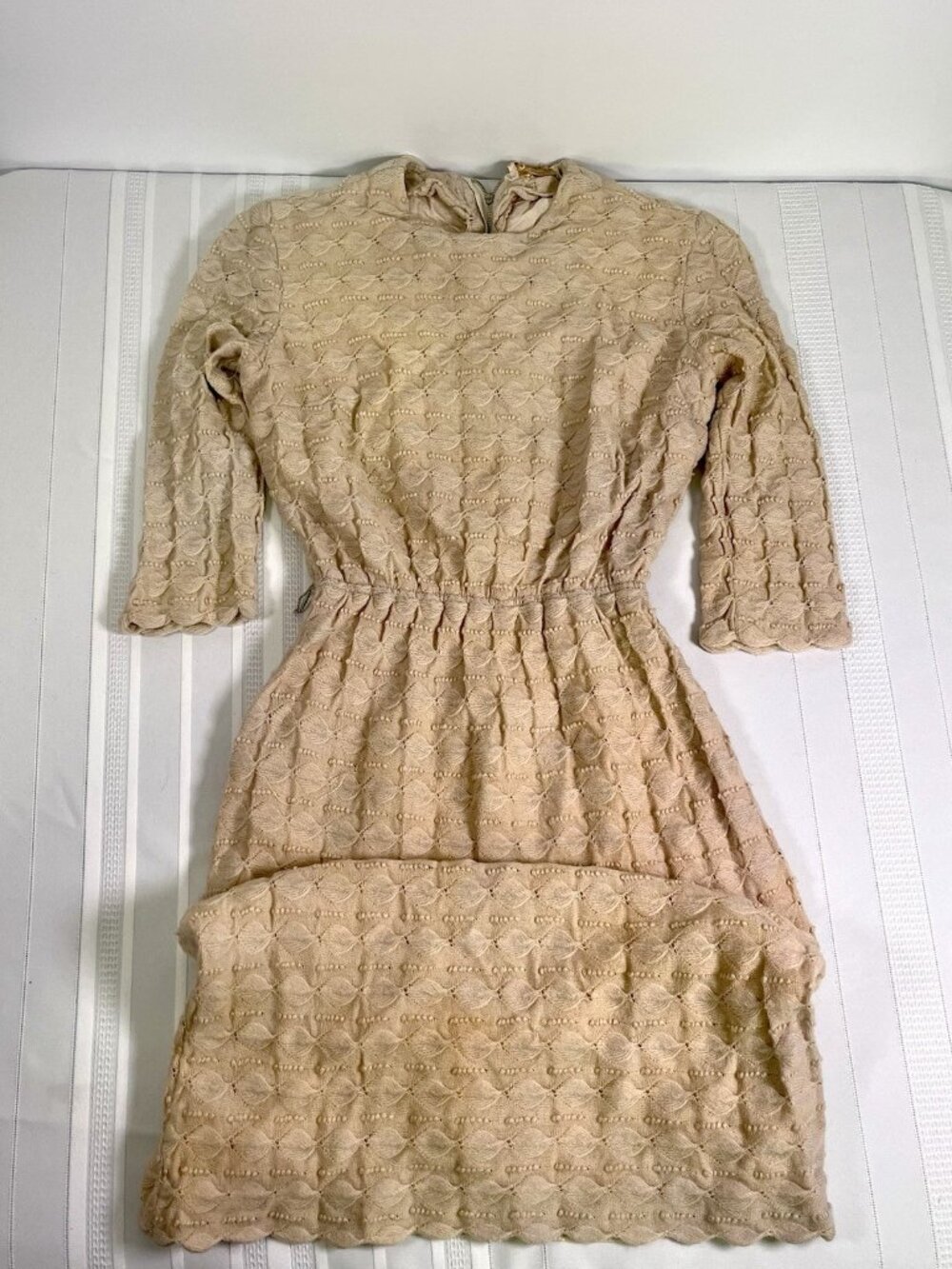 VTG 60s Lampl Beige Textured Knit Wool Dress Mod Mid Century Cocktail 3/4 Sleeve